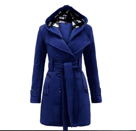 Яркое синее пальто с капюшоном и поясом новое