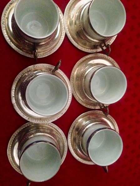 Набор 6 штук чашек фарфор-серебро и блюдца серебро. Италия в фото 3