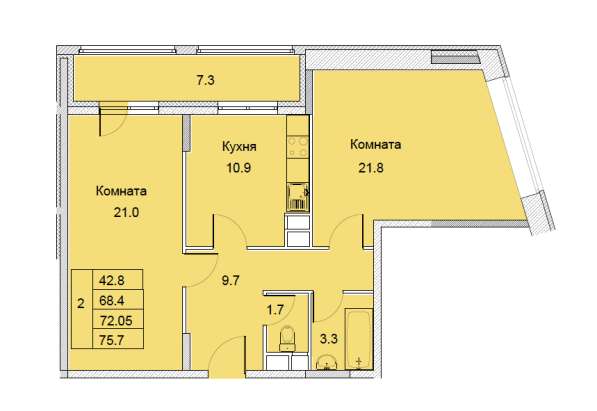 2-х комнатная квартира улица Советская, дом 6, площадь 72,05 в Королёве фото 6