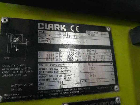 Электропогрузчик вилочный CLARK GTX16, 2012 Г. В в фото 5