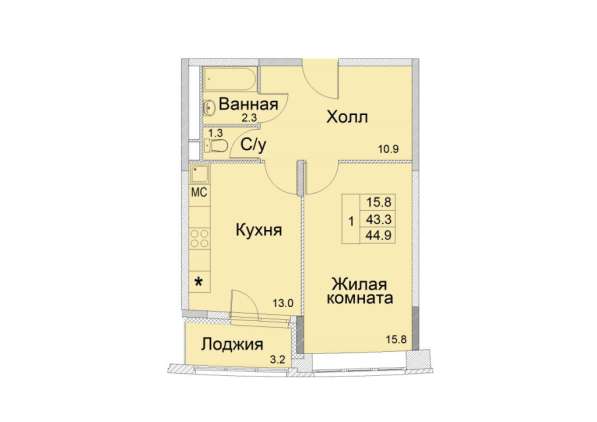 1-к квартира, улица Советская, дом 1, площадь 44,9, этаж 2
